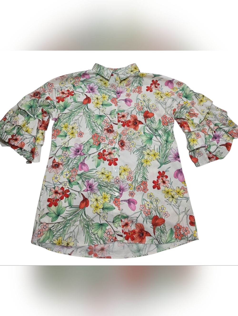Zara Woman Colorful Botanical Print Blouse With Tiered Puff Sleeves Size Small